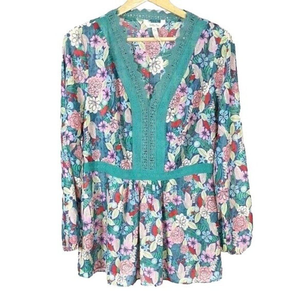 Matilda Jane Womens Floral Tunic Top Green Small Lace Detail Long Sleeve V Neck
